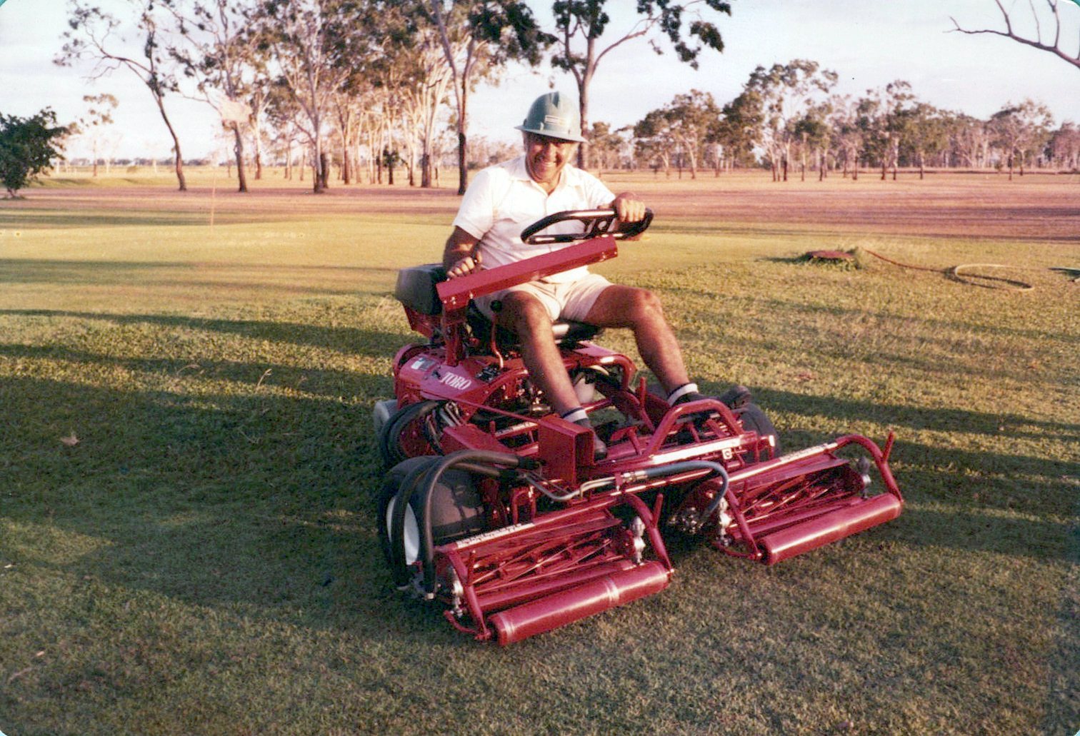 On the greens with the club's Toro mower &mdash; keeping the course in shape.